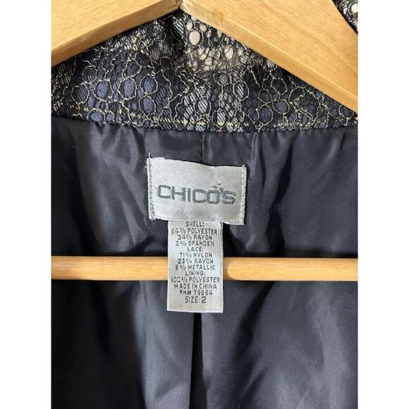 CHICO'S Black Tan Plaid Gold Lace Overlay 3/4 Sleeve Blazer Jacket Size 2 LARGE - Picture 9 of 15